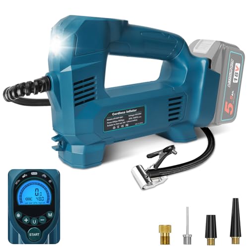 QUPERR Portable Tyre Inflator Air Compressor Compatible with Makita 18V Battery, Up to 10.34 Bar, with Digital Pressure Gauge, Suitable for Cars, Motorcycles, Bicycles, Balls (Without Battery)