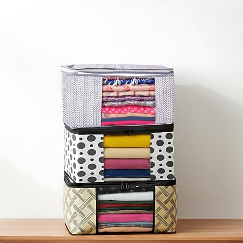 Image of Non-Woven Wardrobe Organizer Bags (Set of 3, Multicolour) | Heavy-Duty Strong Zipper Clothes Storage Covers | Foldable Dust-Proof Closet & Bedroom Organizer for Sarees, Blankets & Seasonal Garments