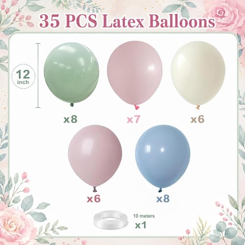 Image of Pink Blue Green Balloons, Boho Baby Shower Wildflower Floral Party Balloons | Dusty Green Pale Pink Beige Balloons, Dusty Blue Blush Sand White Balloons for Baby In Bloom Garden Tea Birthday Party Decor