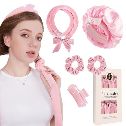 Rizos sin calor, Rulos de Terciopelo para la Noche con Gorro de Dormir, set de Peinado DIY con Banda Rizadora, Rulos de Noche, Banda Rizadora sin Calor para Cabello Largo y Mediano - Rosa