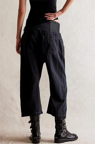 LifeShe Cropped Elastic Waist Jeans for Women Drop Crotch Jeans Low Rise Wide Leg Denim Harem Pants3