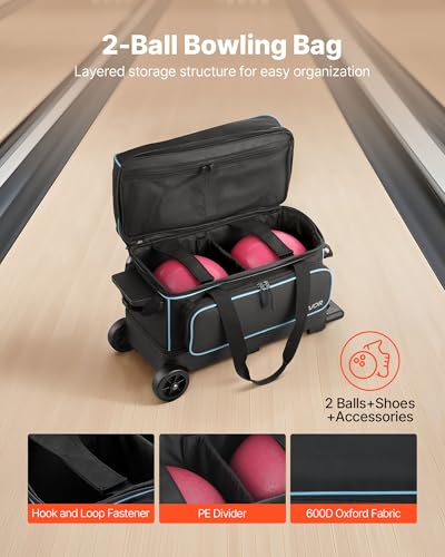 VEVOR Bowlingballtasche für 3 Bälle mit Doppelrollen & separatem Fach für Schuhe (bis US-Größe 16) & übergroßer Zubehörtasche, einziehbarer Griff lässt Sich auf 105 cm ausziehen Schwarz + Blau