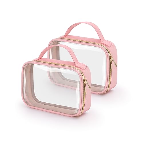 Image of Wedama TSA Approved Toiletry Bag, 2 Pack Clear Makeup Bags with Handles, Quart Size Toiletry Bags, PVC Clear Cosmetic Bags for Women and Men, Carry on Airport Airline Compliant Bag, Pink