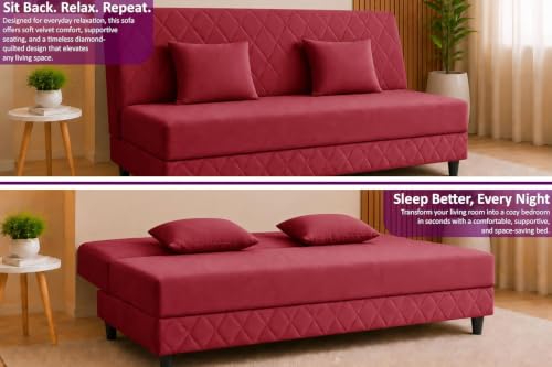 Image of Deco Studio 3 Seater Sofa Bed | Premium Upholstered Velvet Fabric Folding Couch for Living Room, Guest Room & Bedroom | Quilted Backrest with 2 Cushions (Red)