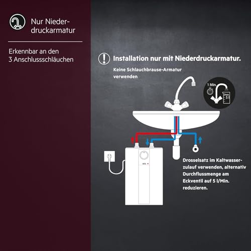 AEG druckloser Kleinspeicher Huz 5 Basis, Untertischboiler 5 Liter Niederdruck, steckerfertig, 2 kW, 222162