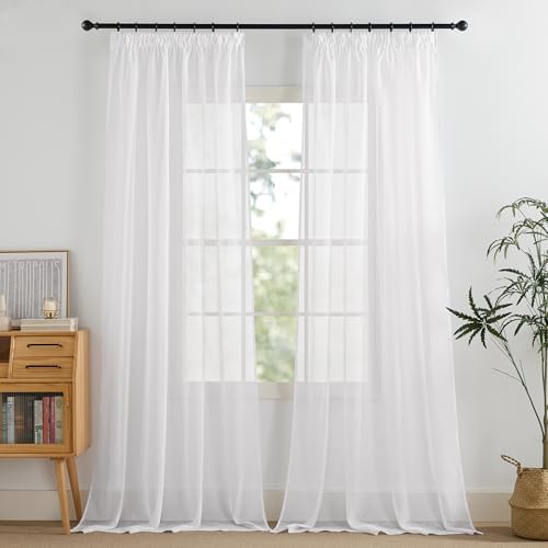 PONY DANCE Vorhang 350cm Lang Kräuselband Gardinen Weiß Transparent | H350 x B140 cm,2er Set,Schienensystem Vorhang Durchsichtig für Wohnzimmer,Sheer Curtains Living Room,Sanfte Li