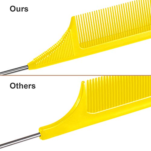 3 Packs Rat Tail Comb Steel Pin Rat Tail Carbon Fiber Heat Resistant Teasing Combs With Stainless Steel Pintail (Yellow) #TOP3