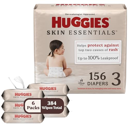 Image of Bundle of Huggies Size 3 Diapers, Skin Essentials Baby Diapers, Size 3 (16-28 lbs), 156 Count (3 Packs of 62) + Huggies Skin Essentials Baby Wipes, 99% Water, 6 Flip Top Packs (336 Wipes Total)
