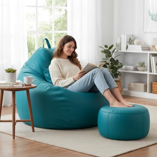 Image of KAM'S LIEU 6XL Jumbo Premium Bean Bag Chair with Footrest & Cushion | Filled with High Density EPS Beans | Comfortable Sofa for Living Room & Bedroom | 6 Months Warranty, Color- (Aqua, 6XL, Premium)