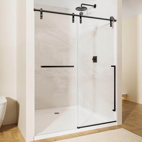 44-48" W x 76" H Glass Shower Door, Frameless Shower Door with 5/16" (8mm) Clear SGCC Tempered Glass, Explosion-Proof Film, Stainless Steel Hardware, Matte Black