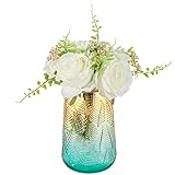 MyGift Modern White Faux Roses Artificial Flower Bouquet in Aqua Gradient Glass Vase and Gold Trim with Leaf Embossed Design