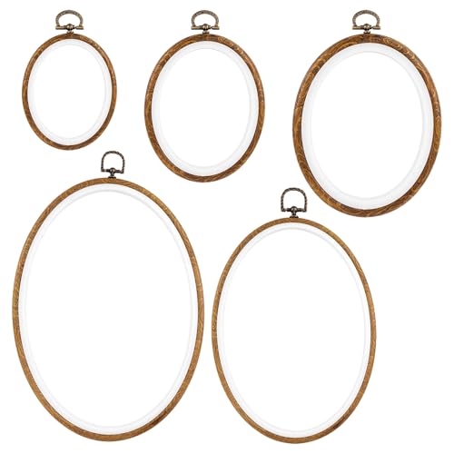 Image of Framendino, 5 Pack Embroidery Hoops 5 Sizes Imitated Wood Display Frame Oval Cross Stitch Ring for Hanging Ornaments