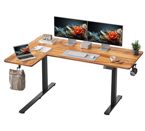 YIHAYO Reversiable L-Shaped Electric Standing Desk, 59 Inches Stand Up Corner Desk, Sit and Stand Up for Work Office Home, Ergonomic Rising Computer Table with Splice Board, Rustic Brown