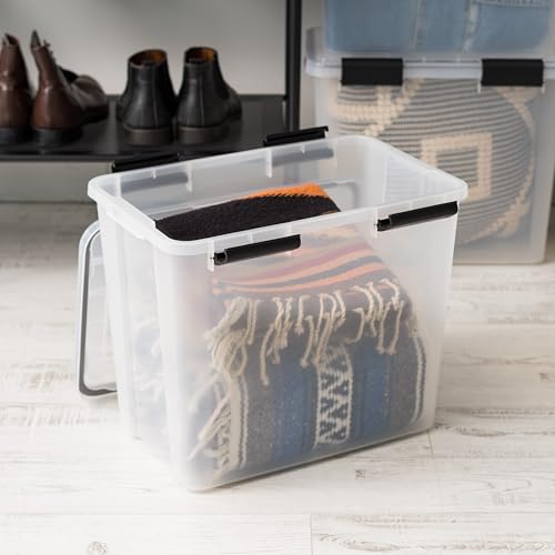 Image of IRIS USA WeatherPro 32 Qt Storage Bins with Lids, 4 Pack, BPA-Free Plastic Gasket Box with Tight Latch and Seal, Stackable Nestable Tote Tub - Clear /Black
