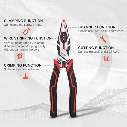 Image of HAUTMEC Pro Wire Stripper Tool 8 inch Multifunctional Combination Linesman Pliers Cable Cutter Wire Strippers Electrical Terminal Crimping Tool Clamping Spanner High leverage Eccentric Design HT0321