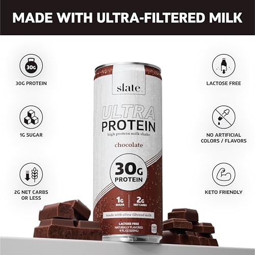 Image of Slate Milk Ultra High Protein Milk Shake (Sweet & Salty Pack) Chocolate, Vanilla & Salted Caramel - 30g Protein, 1g Sugar, 130 Calories, 1-2g Net Carbs, No Added Sugar, Lactose Free, 11 fl oz, 12 Cans