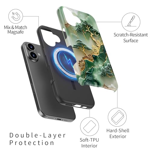 Image of Goodon for iPhone 16 Plus Case Cute - Wireless Charging Compatible - Dual-Layer Hard Shell + Silicone Cover - Protective Phone Case with Trendy Designs for Women - Gold Inlaid Jade Carving