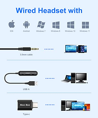 New Bee Usb Headset With Microphone For Pc Computer Headset, Single Ear Headset Noise Cancelling Mic, Call Center Wired Headset With 3.5Mm/Usb/Type C For Skype Zoom Tablet Laptop (Black) #TOP4