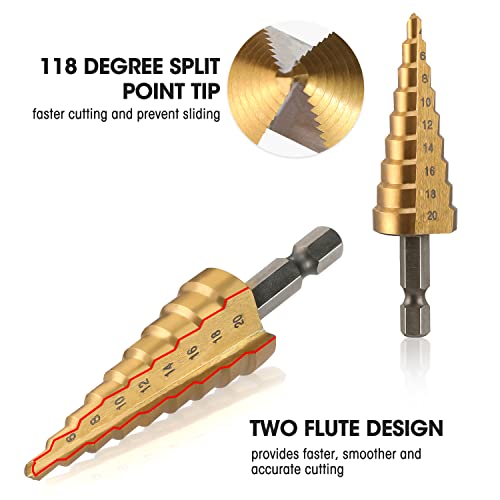 Workpro 3-Piece Step Drill Bit Set, 1/4" Hex Shank Quick Change High Speed Steel Titanium Coated Drill Bits For Plastic, Sheet Metal, Aluminum Hole Drilling, Well-Organized Bag Included,Metric #TOP5