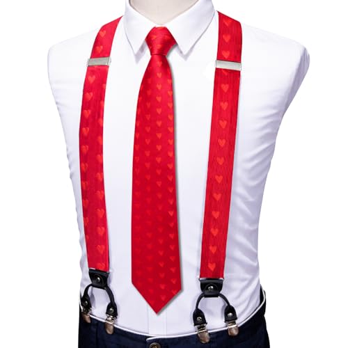 Image of Barry.Wang Men Suspender Set with Necktie Elastic Y Type Heavy Duty 6 Clips Braces Tie Handkerchief Cufflink Pin 6PCS