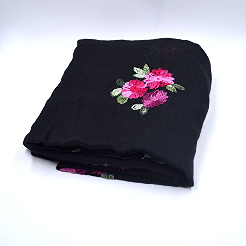 Women Exotic Style Floral Embroidery Cotton Linen Scarf Spring Autumn Long Scarf Summer Beach Shawl Wrap Black4