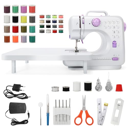 Mini máquina de coser con mesa para principiantes, mini máquina de coser con juego de hilos de 42 piezas, 12 puntadas, pedal, 2 velocidades y luz LED, para ropa, sábanas