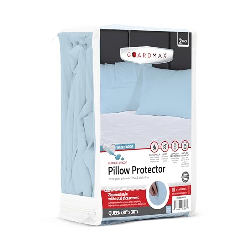 Guardmax Jersey Knitted Pillow Protector with Zipper Queen Size - 2 Pack - 100% Waterproof, Bed Bug Proof, Dust Mite Proof, & Hypoallergenic Pillow Covers - Premium Zippered Pillow Cases. (20 X 30) -  Mastertex, GM5765