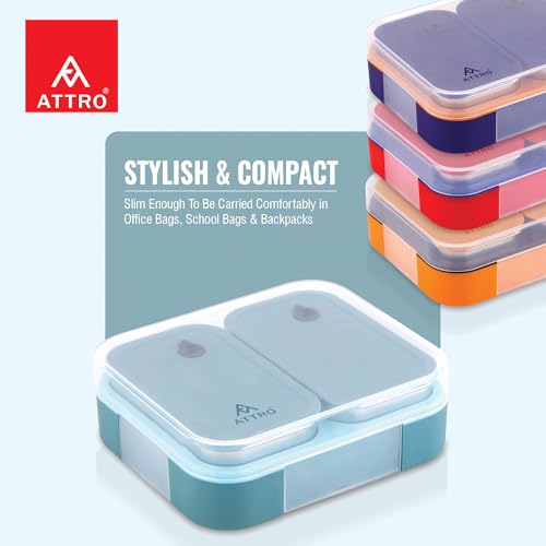 Image of ATTRO Admire 2 Insulated Lunch Box | 2 Removable Stainless Steel Containers with Lids | BPA-Free, Food Grade, Leak-Proof| Ideal for School, Office & Outdoor Use| 800ml, Aqua Blue