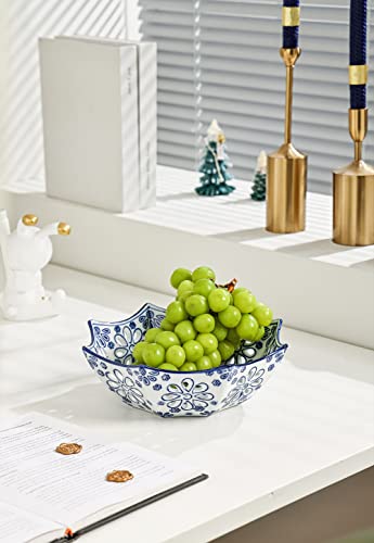 Galouro Blue And White Decorative Bowl, Blue Fruit Bowl, Berry Bowl, Chinoiserie Decor, Blue And White Porcelain Décor, Blue And White Fruit Bowl For Kitchen Counter, Home Decor,Square,10" #TOP3