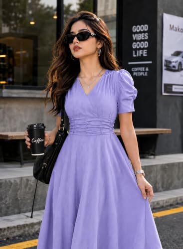 Image of Preneum Girl's & Women's Solid Color V-Neck A-Line Maxi Dress for Women | New Year Party Outfit | Waist Cinched Puff Sleeve Western | Elegant Casual Wear (Availble in Plus Size)
