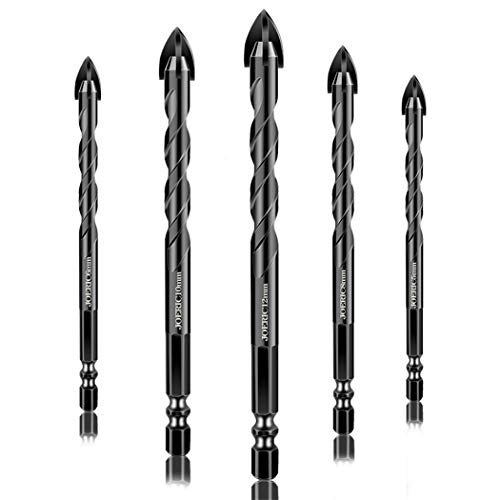 5PCS Ceramic Tile Drill Bits, JOERIC Masonry Drill Bits Set for Glass, Brick, Tile, Concrete, Plastic and Wood Tungsten Carbide Tip for Wall Mirror and Ceramic Tile (6mm 6mm 8mm 10mm 12mm)