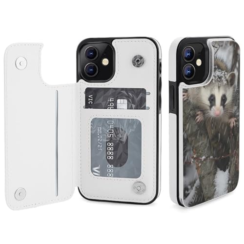 HKMNLEW Opossum in Snow Print Flip Phone Wallet Case iPhone 12 Mini�p�APU���U�[���C�ϏՌ��g�ѓd�b�P�[�X�J�o�[ �J�[�h�z���_�[�t��