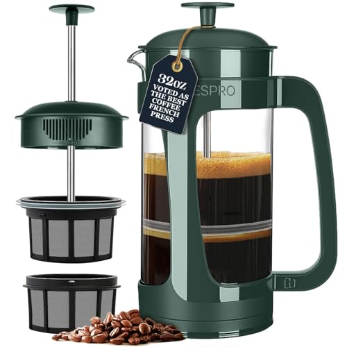 Image of ESPRO Light P3 French Press Coffee Maker - Patented Double Micro-Filter for Grit-Free Brew, Heat Resistant thicker Borosilicate Glass Coffee press - (Green - 32 oz)