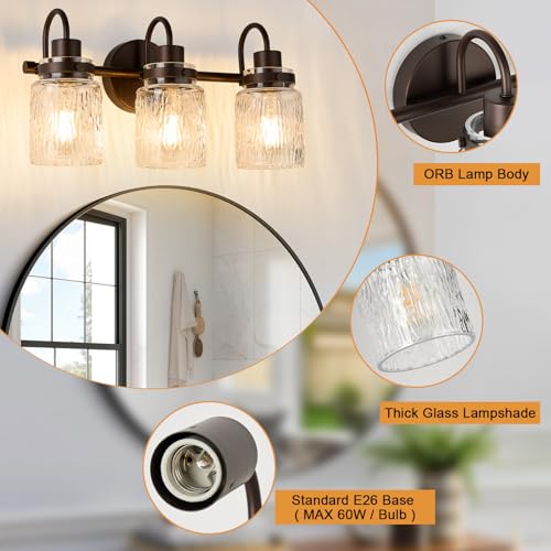 Image of 3 Lights Hammered Glass Bathroom Vanity Light, Oil Rubbed Bronze | Easy Installation,Up or Down,Farmhouse Modern Style,E26 Socket,ETL Certification