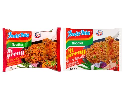 Indomie Mi Goreng Stir Fry Spicy Noodles 80g x20 + Stir Fry Noodles 80g x20 - Mix of 2 Flavors (Total Pack of 40) | Authentic Indonesian Instant Noodles Variety Pack