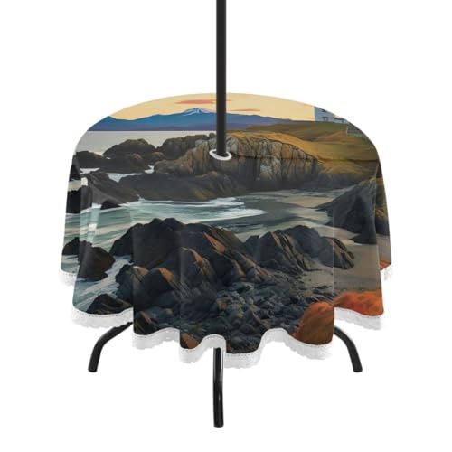 Wajiw 60 Inch Indoor Outdoor Round Tablecloth with Umbrella Hole and Zipper Waterproof Patio Table Cover for Camping Dining Room Party Outdoor Picnic,Lighthouse