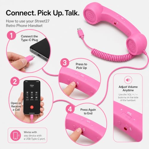 Image of Street27 Retro Phone Handset Compatible with Type-C Smartphones, Tablets & Computers, Corded Telephone Receiver with Noise Reduction, Volume Control & Answer Button for Calls and Meetings (Pink)