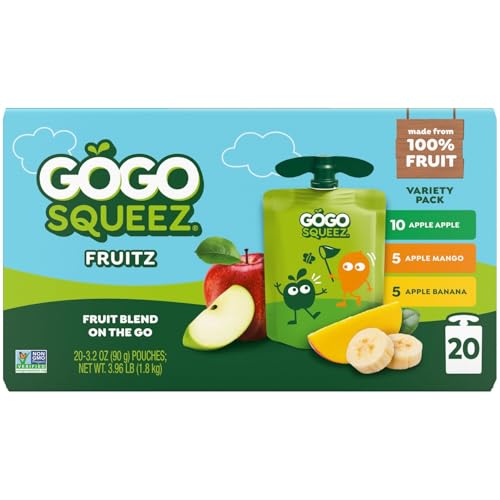 Image of GoGo squeeZ No Sugar Added Applesauce and Fruit Puree Variety Pack, Apple, Mango & Banana, 3.2 oz Pouches (Pack of 20), Fruit Snacks for Kids, Gluten Free, Nut Free, Recloseable Cap, BPA Free
