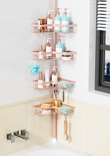 Image of KEGII Corner Shower Caddy Tension Pole - 4-Tier Rustproof Bathroom Organizer, Floor to Ceiling Shower Caddy 25-114.2 inch, No Drilling Shower Storage Rack for Shampoo, Towels (Blush Nude)