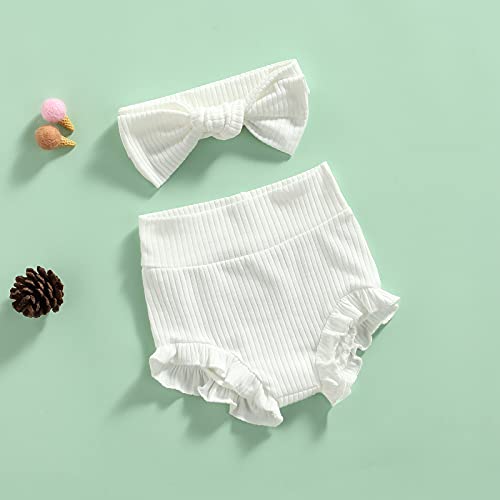 Mubineo Infant Baby Girl Basic Plain Cotton Ruffle Bloomer Shorts Headband Set (White, 12 Months) #TOP7