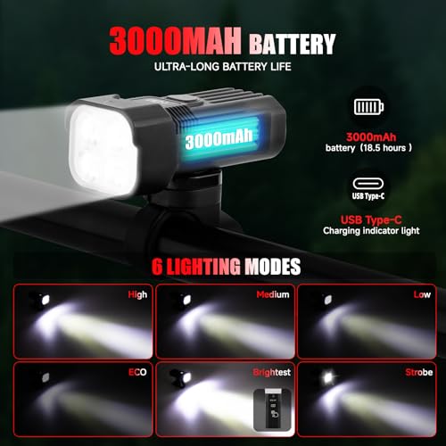 Bike Light for Night Riding, 2000LM/1000LM Bicycle Headlight & Taillight, Multiple Modes,3000mAh/2000mAh USB C Rechargeable Waterproof LED Bright Bike Headlights for Cyclists and Commuters - Image 4
