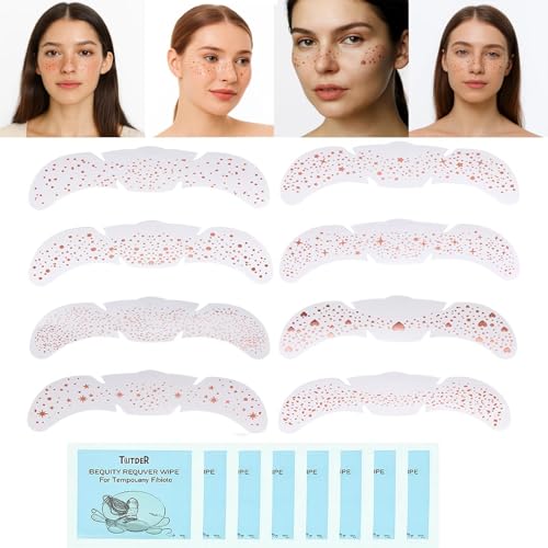 Rose Gold Star Face Temporary Tattoos – 8 Sheets Metallic Freckle Stickers for Nose and Cheek, Festival Glitter Tattoo for Women and Girls, Easy to Apply & Remove with Remover Wipes (Rose Gold)