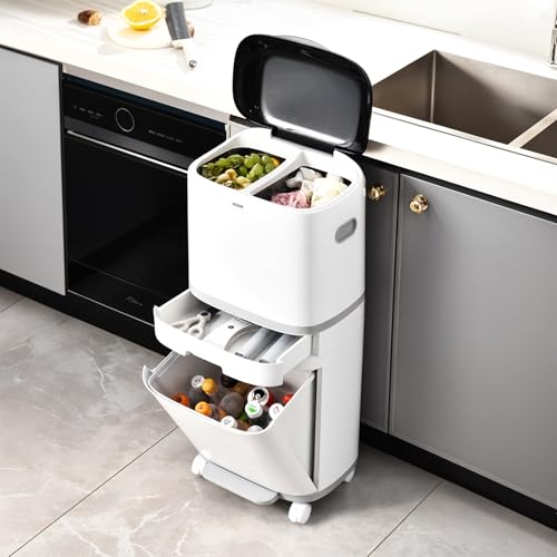 Warmiehomy Recycling Bins for Kitchen 42L Triple Bin with Pedal Vertical Waste Separation Kitchen Bin with Dual Inner Basket 4 Compartments Trash Can with Wheels