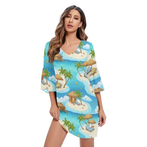 Robe trapèze en mousseline fluide masquant les rondeurs Tropical Beach turquoise