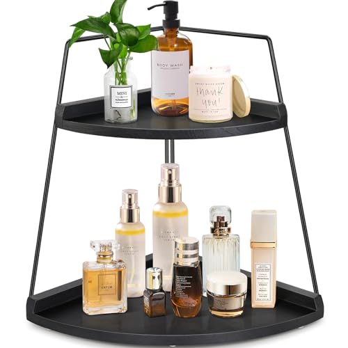 PICKKROSS 2 Tier Bathroom Counter Organizer, Wood Bathroom Organizer Countertop, Corner Storage Shelf Counter Standing Rack, Cosmetic Vanity Tray Kitchen Spice Rack, Bathroom Organizer and Storage