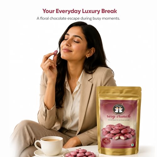 Image of DRIYOZ Rosy Crunch Rose Flavour Chocolate Coated Almonds 250g | Premium Crunchy Badam with Floral Chocolate Granules | Gourmet Sweet Nut Snack for Gifting & Celebrations
