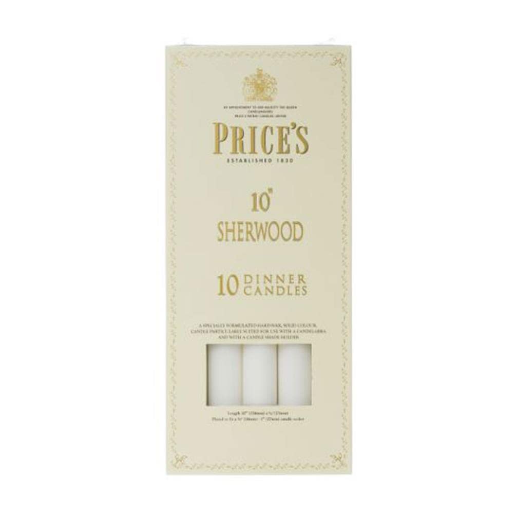 Price's - 10" Sherwood Dinner Candles - 10 Pack - White - Solid Colour - Up to 9 Hour Burn Time - Smokeless - Unscented - Non-Drip - Multi-Purpose