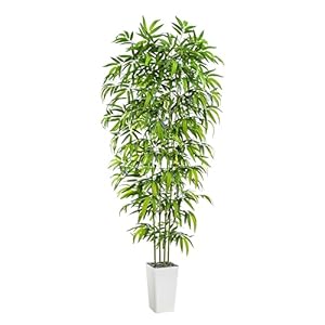 Artificial Bamboo Tree, 7FT Fake Plants Faux Bamboo Plant with White Tall Planter, Artificial Trees Faux Silk Plant with 3 Trunks & Green Lush Leaves for Home Office Indoor Outdoor Decor