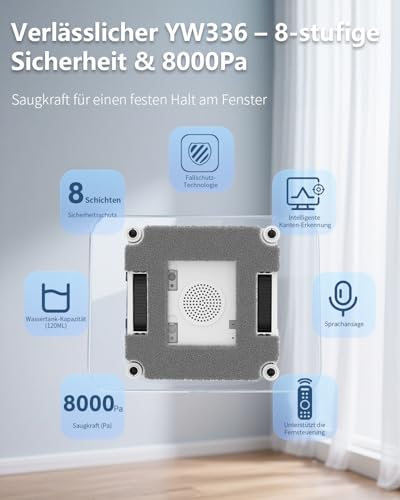 GNOVEL Fensterreiniger Roboter, 8000Pa Saugkraft Fensterroboter, 4 Reinigungsmodi mit intelligenter Routenplanung, 15-Stufen-Antifall-System, Fernbedienung für Glas, Fenster, Spiegel, Fliesen