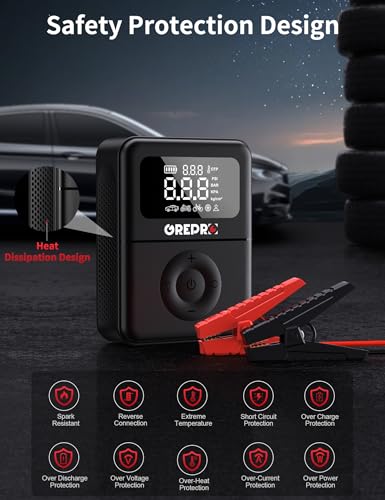 GREPRO Jump Starter with Air Compressor, 5000A Battery Jumper Starter Portable(10.0L Gas/8.0L Diesel),150PSI Tire Inflator 12V Car Battery Booster with Jumper Cables, Digital Display, LED Flashlight - Image 6